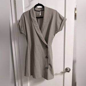 Mango check mini shirt dress, short sleeve, US 6, beige, brown, blue